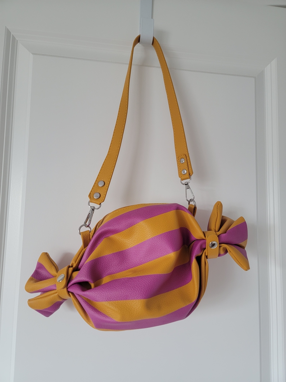 Striped Faux Leather Bonbon Candy Shoulder Bag in Mustard and Magenta - Picture 2 of 3
